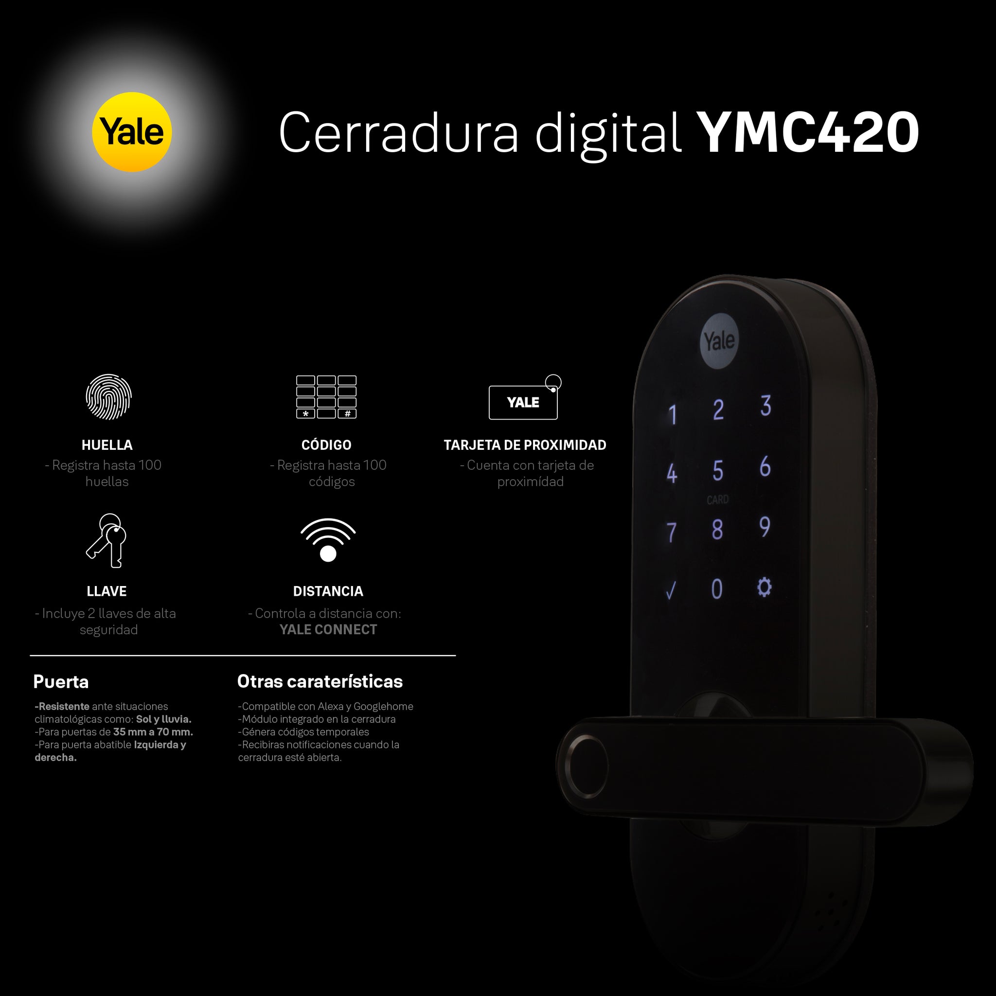 Cerradura digital YMC420 negro con hub para exteriores.
