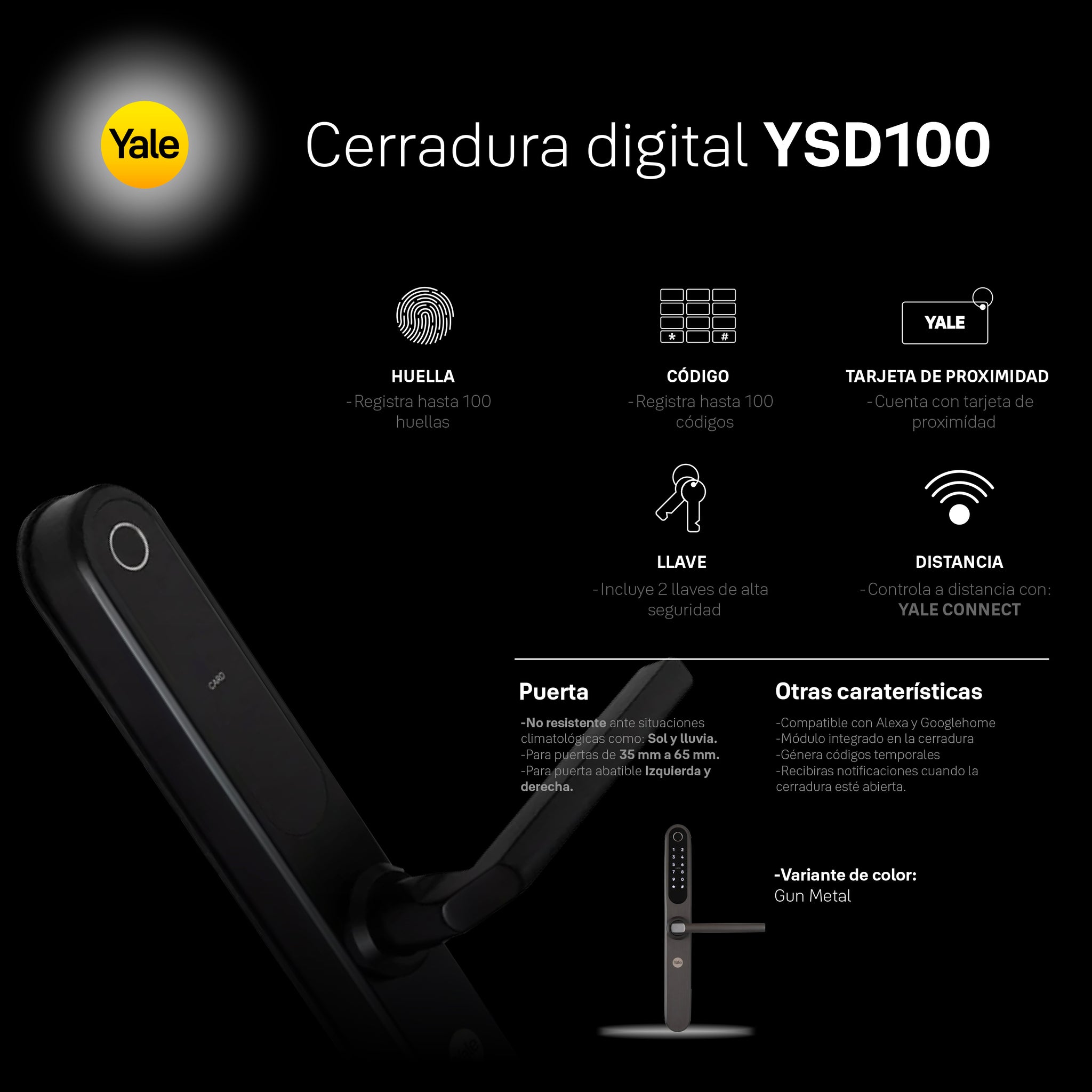 Cerradura Digital YSD100 para puertas de madera 5085 Negro, con hub incluido.